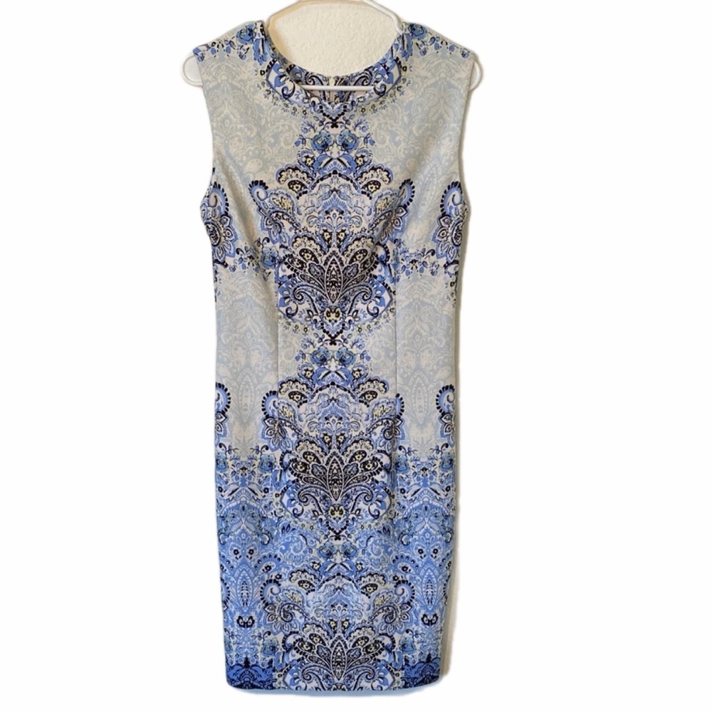 Karin Stevens Blue and Yellow Sleeveless Patterned Dress Size 8